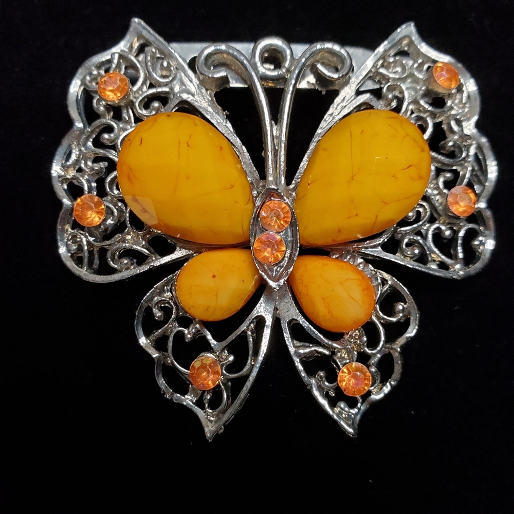 Vintage Amber/Orange Rhinestone & Silver Toned Butterfly Brooch